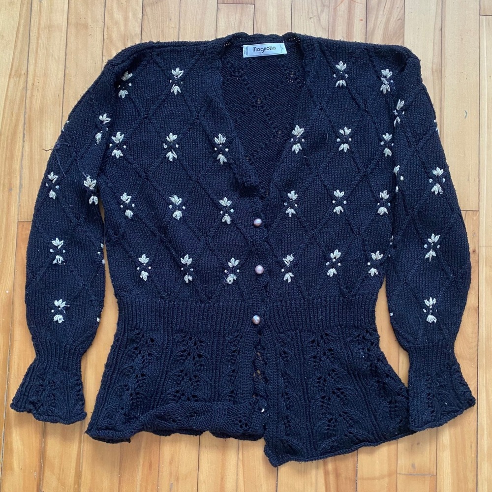 Magnolia Vintage Black Embroidered Beaded Peplum Cardigan Sweater Pearl Button L